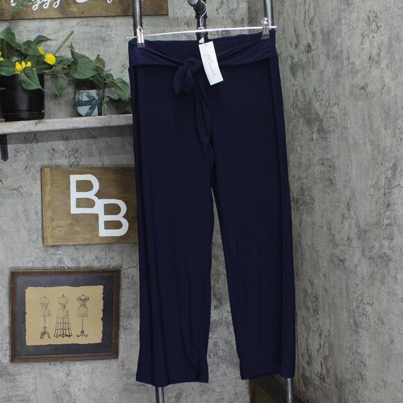 NWT Ny Collection Womens Petite Cropped Pull On Pants with Sash Navy Blue PL - Picture 2 of 7